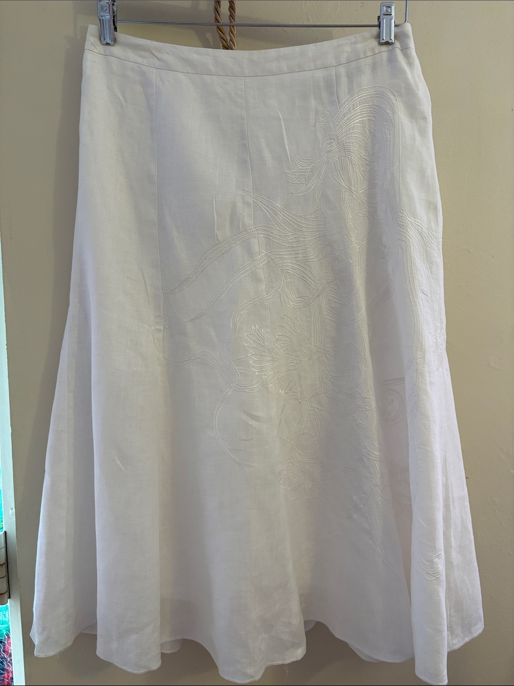 White A-Line Linen Blend Skirt with Subtle Embroidery. LINEN